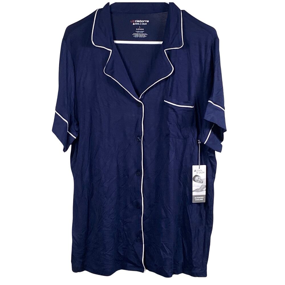 Liz Claiborne Womens Large Vneck Sleepwear Top Navy Blue White Trim Peacoat NEW